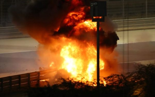 Grosjean survives a car crash during the opening race of Bahrain Grand Prix